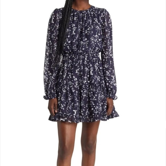 Lulu's Navy Blue Floral Chiffon Smocked Ruffle Too Cute Long Sleeve Mini Dress - Picture 1 of 16